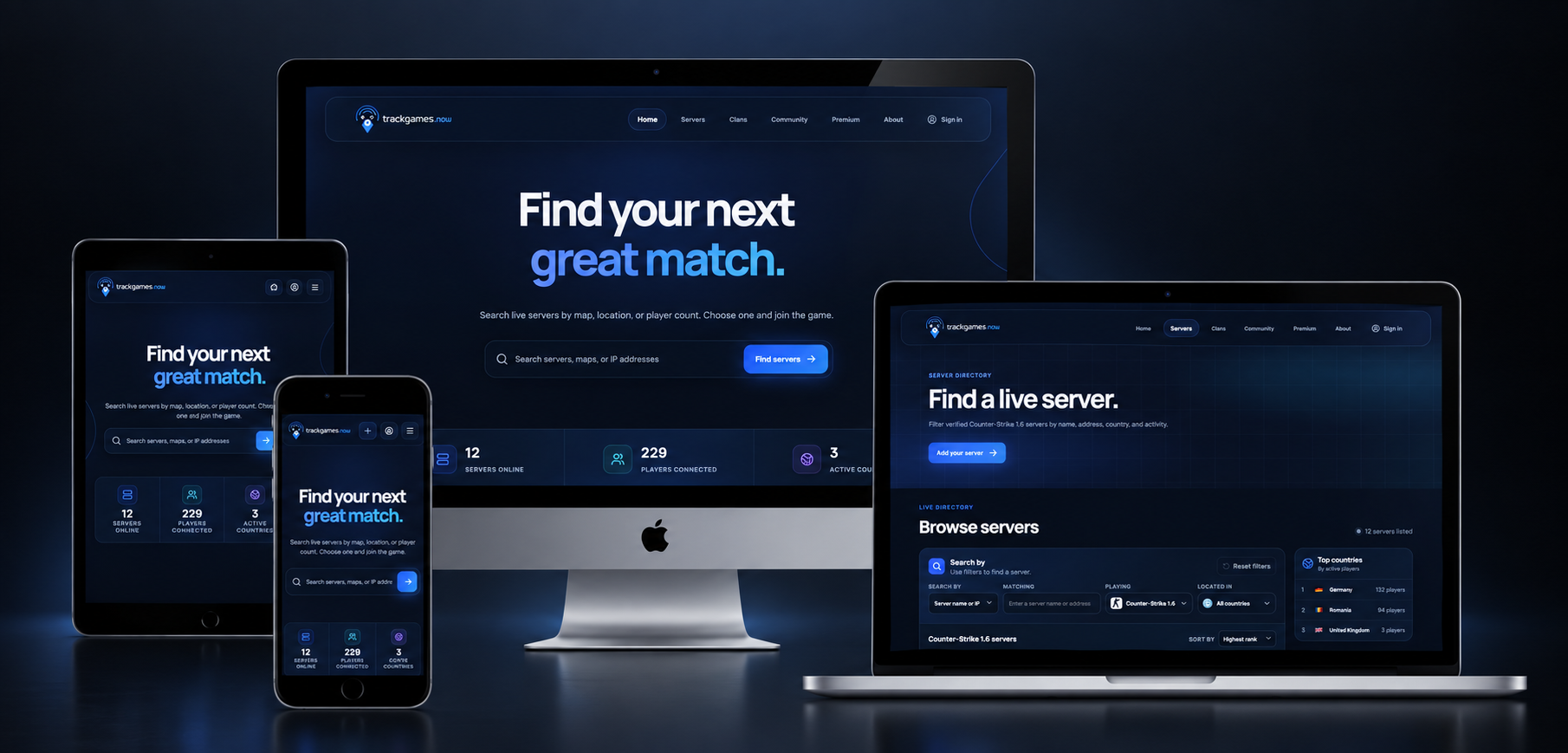 TrackGames.now dark interface shown on desktop, laptop, tablet, and phone